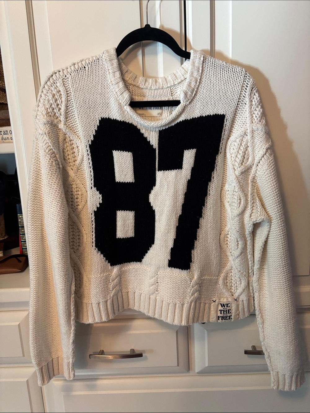 We The Free White Cable-Knit Sweater with Black '87' Graphic XS